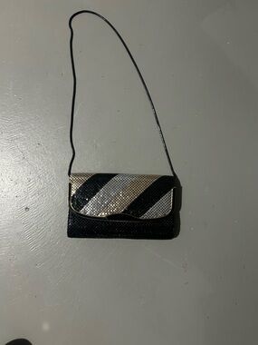 Black, Silver and Gold Striped Evening Clutch with Chain Strap